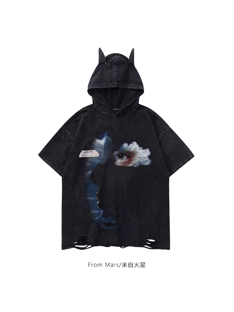 Từ sao Hỏa sau khi mây đã qua, áo thun ngắn tay có mũ trùm đầu, họa tiết chữ graffiti lấy cảm hứng từ thiết kế, dáng rộng, phong cách đường phố, unisex.