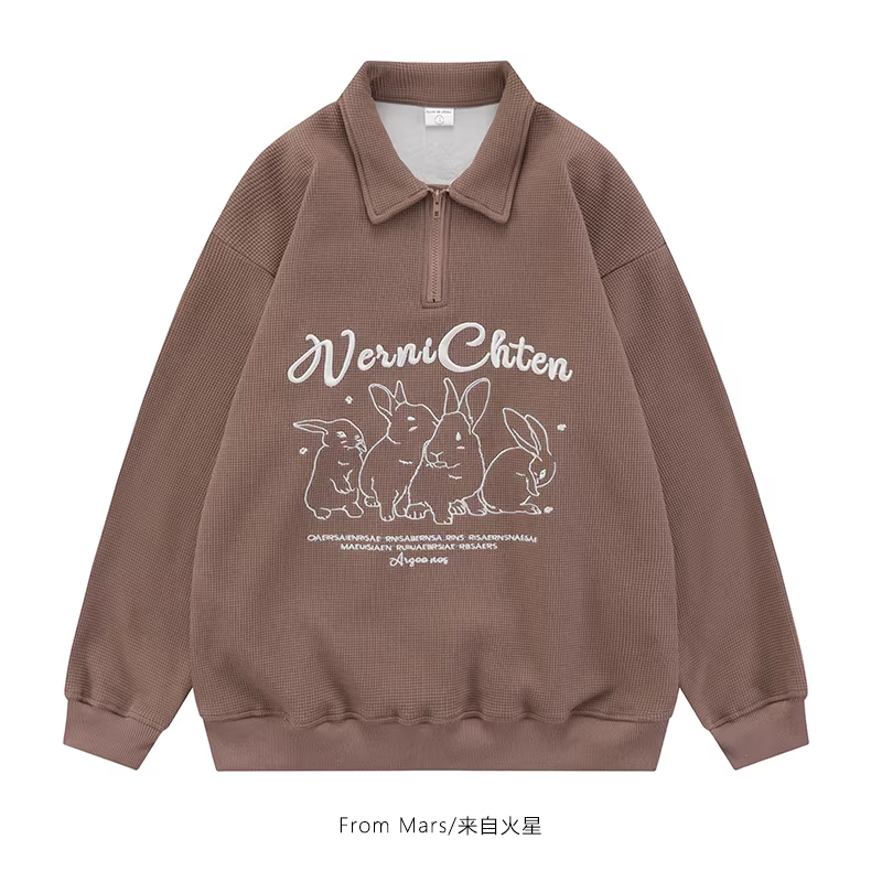 Áo len polo cổ lọ phối lông thỏ mềm mại, phong cách sinh viên, đa năng, chất liệu vải waffle dệt kim từ Mars milk fufu dành cho cặp đôi.