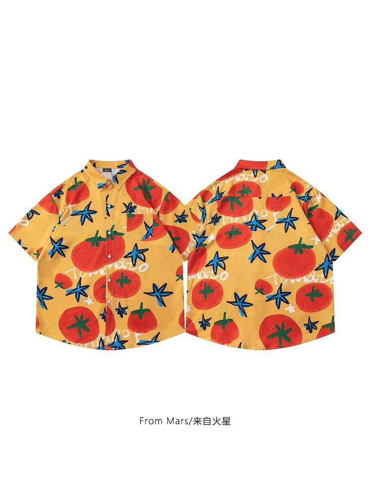 Từ sao Hỏa, chọn một chiếc áo sơ mi ngắn tay in hình trái cây kiểu dáng rộng rãi theo phong cách retro Nhật Bản dành cho các cặp đôi, hợp thời trang.
