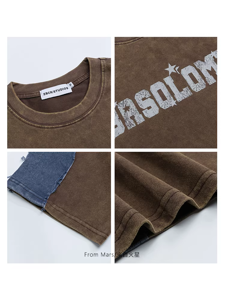 Từ sao Hỏa, ngày đêm, phong cách retro Mỹ, áo thun ngắn tay kiểu cũ với chất liệu denim ghép mảnh và in chữ, phong cách BF.