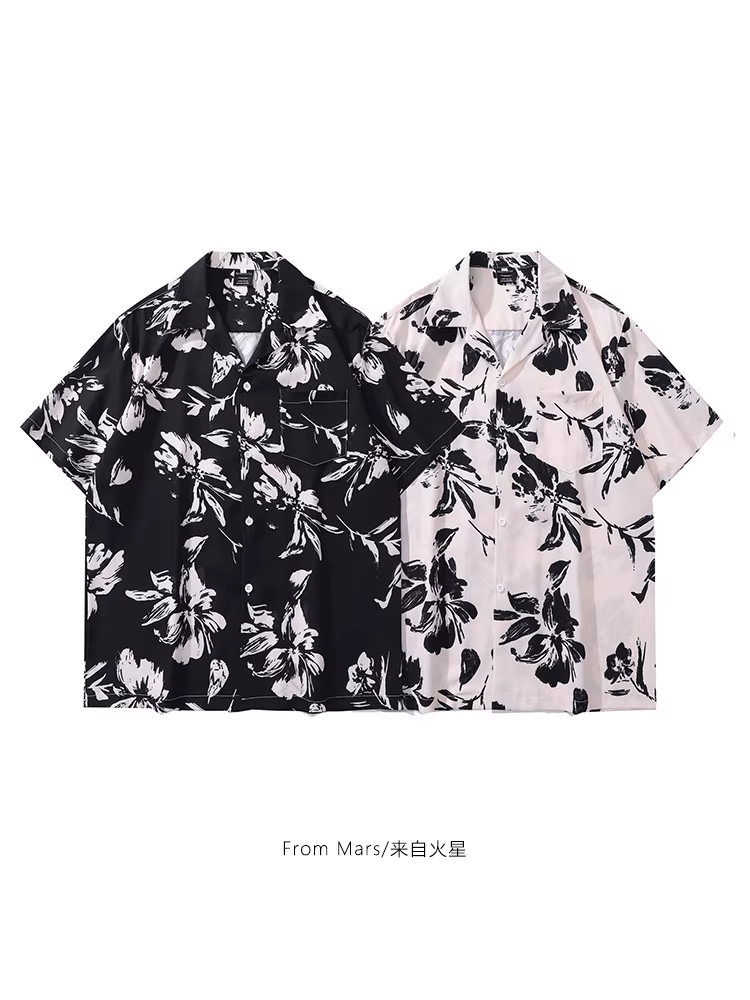 Từ Sao Hỏa Áo sơ mi ngắn tay in họa tiết cổ điển phong cách Hồng Kông màu đen trắng Unisex mùa hè dáng rộng thường ngày