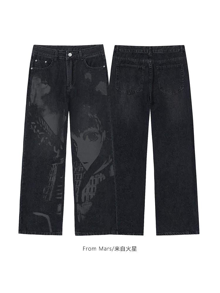 From Mars One Look Thương hiệu thời trang hợp thời trang Quần denim ống rộng in họa tiết đường phố Quần dài đa năng dáng rộng