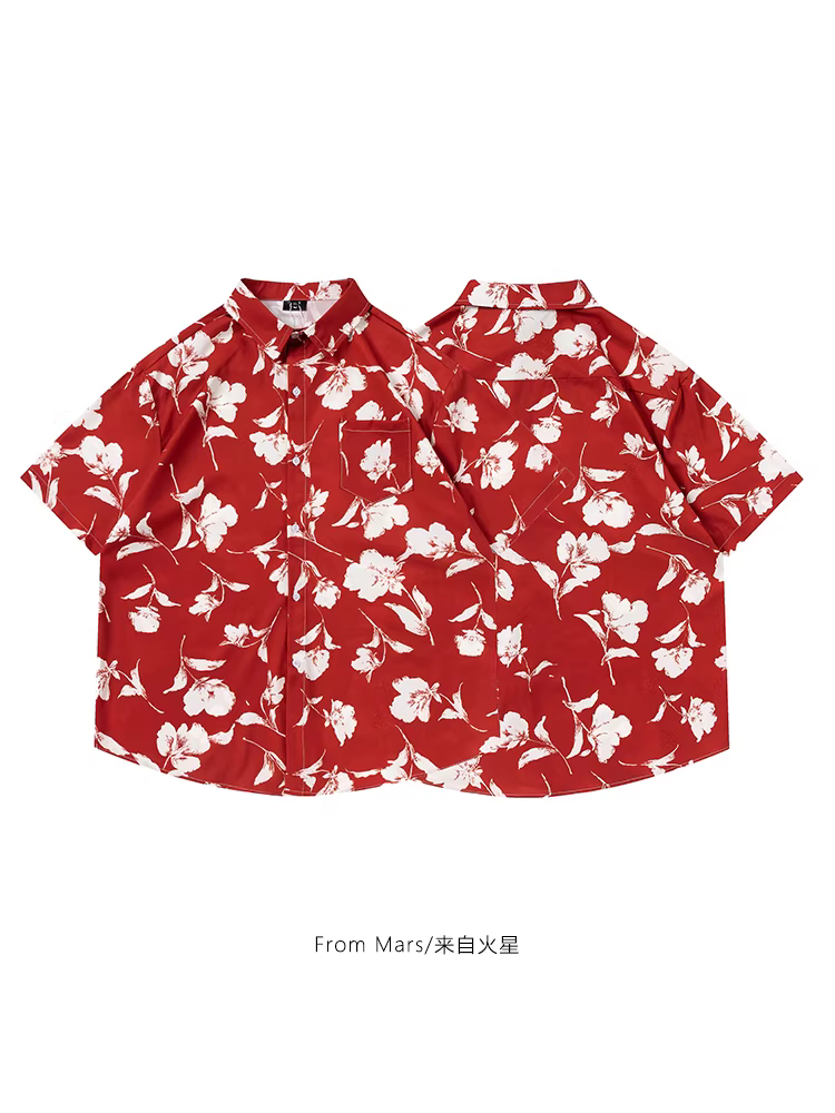 Từ sao Hỏa nền đỏ với hoa trắng Áo sơ mi ngắn tay in hoa cổ điển phong cách Hồng Kông áo dáng rộng mùa hè dành cho nam và nữ