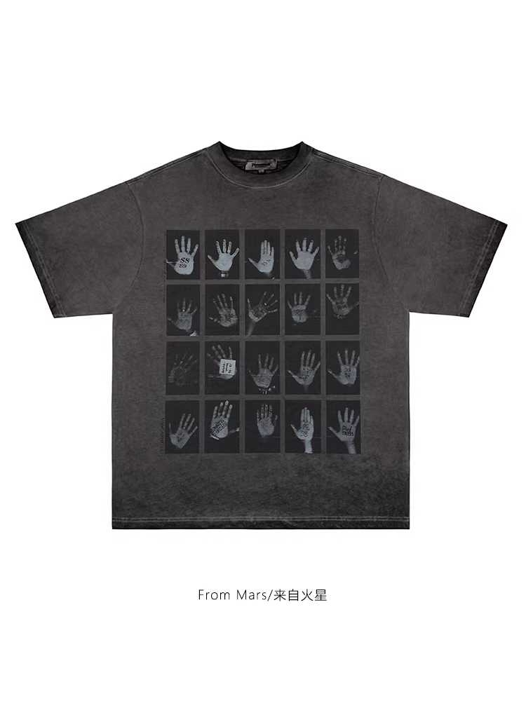 From Mars Find the Difference American Retro Distressed Twenty Grid Palm Print Áo thun ngắn tay dáng rộng vừa vặn hợp thời trang