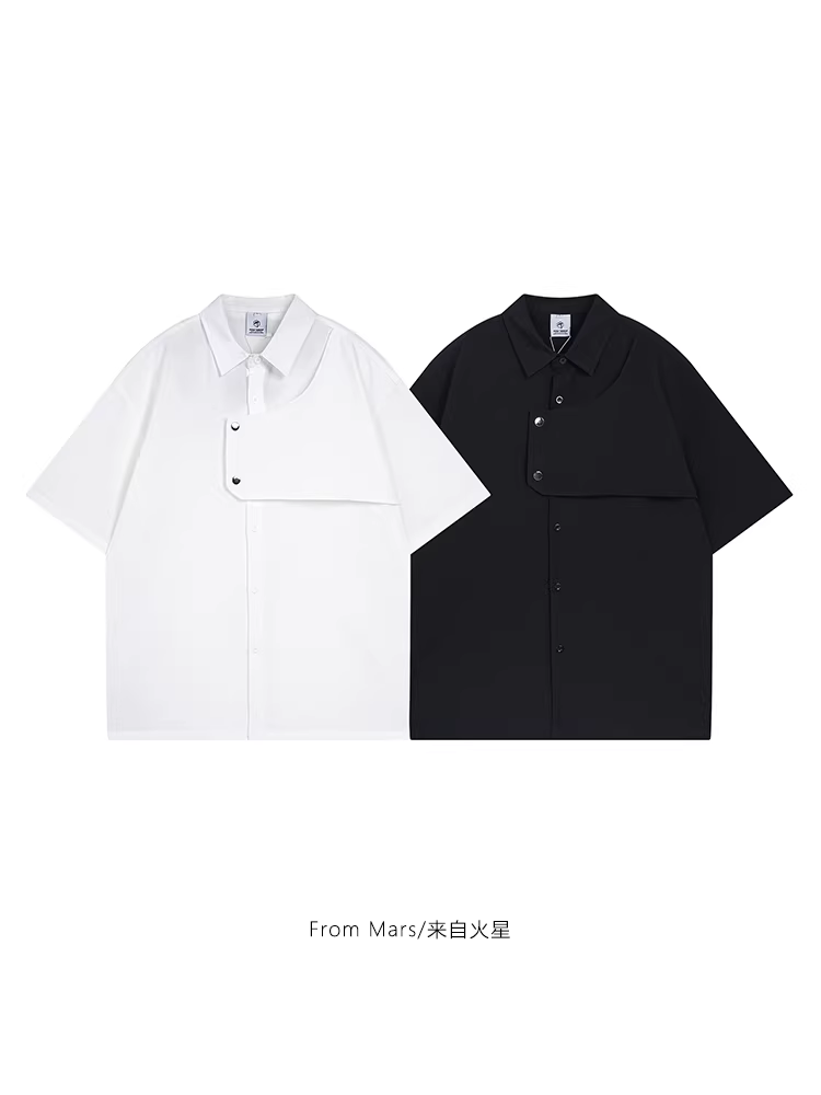 Từ Sao Hỏa Áo sơ mi ngắn tay kiểu Nhật Bản tự đóng cửa kiểu dáng không đều, kiểu dáng rộng, màu trơn, trang phục công sở, xu hướng dành cho cặp đôi