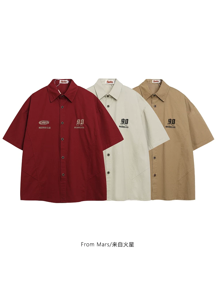 Từ sao Hỏa Du hành thời gian Thêu màu trơn Đơn giản Niche Mùa hè Áo sơ mi ngắn tay dáng rộng Unisex thông thường