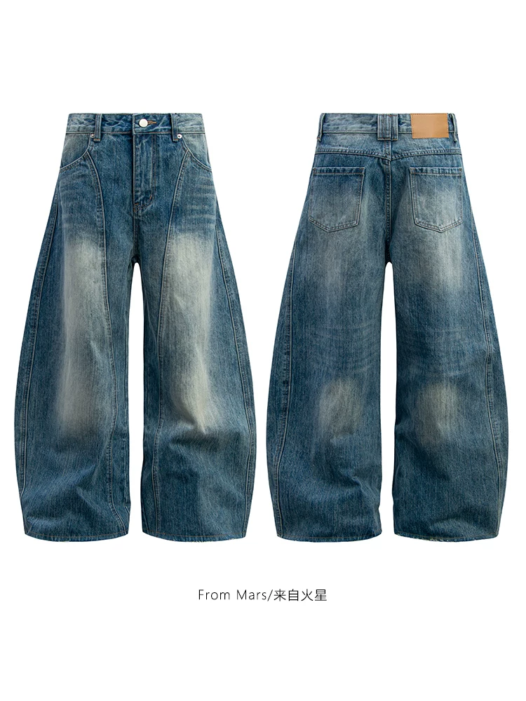 Quần denim unisex đa năng phong cách retro Mỹ, kiểu dáng hip-hop, chất liệu denim đã qua xử lý, họa tiết hình kiếm, thương hiệu Mars Time Travel