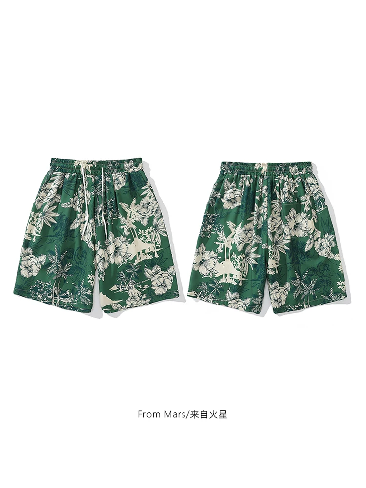 Từ sao Hỏa, rừng rậm, quần short thẳng in hoa theo xu hướng quốc gia, quần short đi biển Hawaii rộng rãi bf