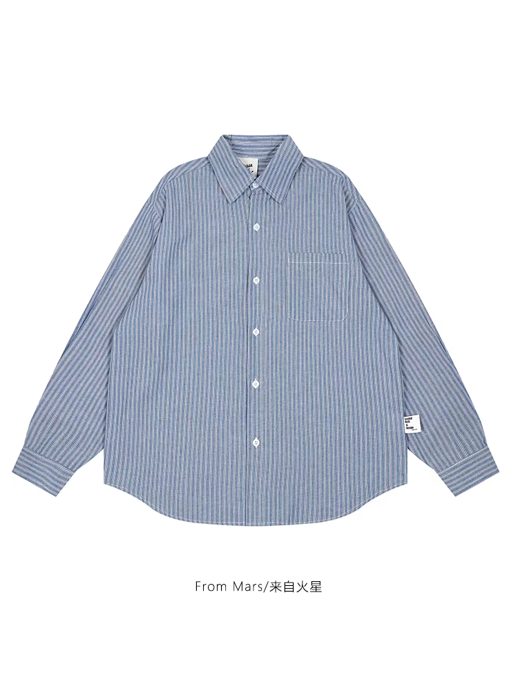 Từ sao Hỏa, phong cách tự nhiên, thương hiệu thời trang retro Nhật Bản, thiết kế sọc, phong cách lười biếng, áo sơ mi dài tay rộng rãi