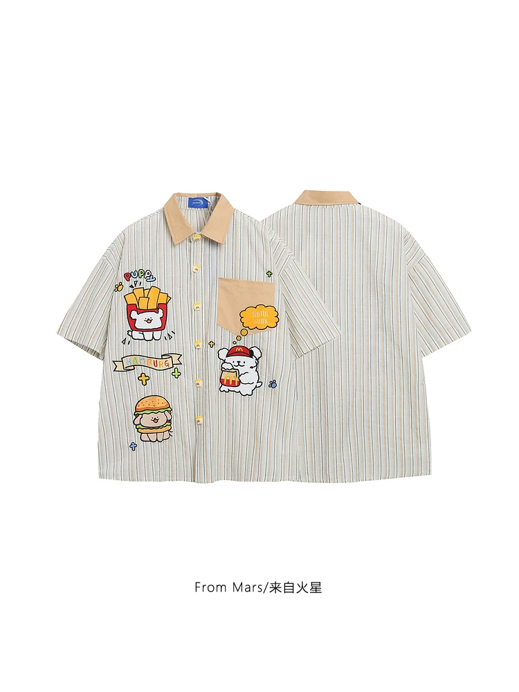 From Mars French fries puppy Phim hoạt hình Nhật Bản thêu vui nhộn mùa hè chắp vá áo sơ mi ngắn tay sọc rộng