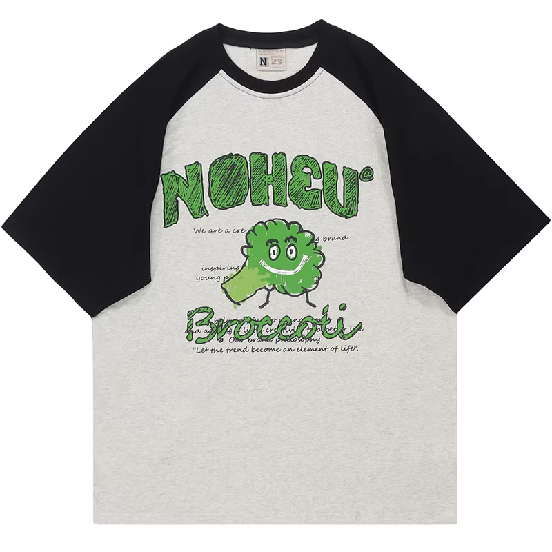 Từ sao Hỏa Đây là một loại hoa cải xanh Áo thun ngắn tay in hình chữ cái hoạt hình màu sắc tương phản, dáng rộng