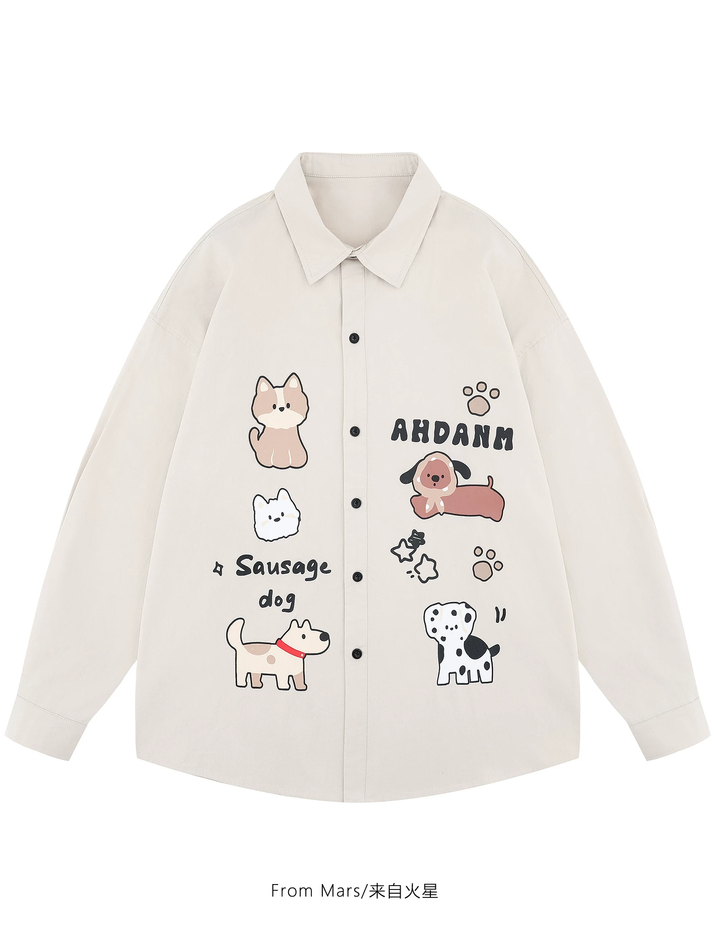 From Mars Fun Dog Print Áo sơ mi dài tay dáng rộng kiểu dáng giản dị Áo khoác thương hiệu hợp thời trang Phong cách đại học Ins