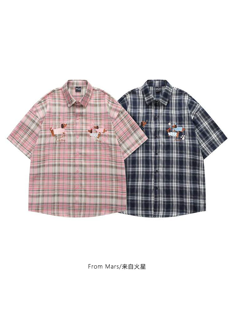 Từ sao Hỏa, cặp đôi dachshund mùa hè được chọn lọc kỹ lưỡng, thêu kẻ sọc, áo sơ mi ngắn tay rộng rãi BF
