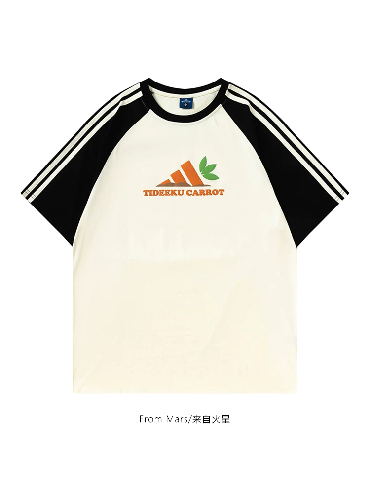 Từ sao Hỏa, áo thun ngắn tay kiểu raglan phối màu ba sọc kiểu Hồng Kông, kiểu dáng rộng rãi, unisex