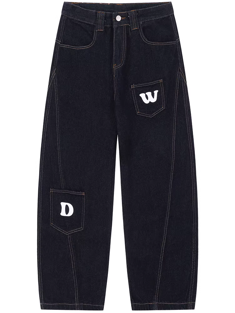 Từ sao Hỏa, hãy để quá khứ là quá khứ, quần denim in họa tiết phong cách đường phố thời trang, dáng rộng, ống thẳng, tạo hiệu ứng xếp nếp.