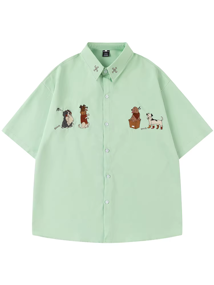 From Mars Puppy Party Áo sơ mi ngắn tay in thêu cá tính theo phong cách Mỹ, áo sơ mi ngắn tay mùa hè đa năng