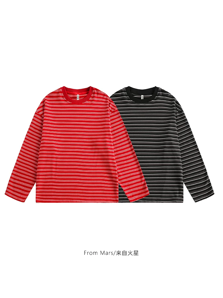 Từ sao Hỏa, vô biên và vô tận, áo thun dài tay sọc cơ bản unisex mùa thu phong cách Hàn Quốc, dáng rộng, đa năng, phong cách giản dị.
