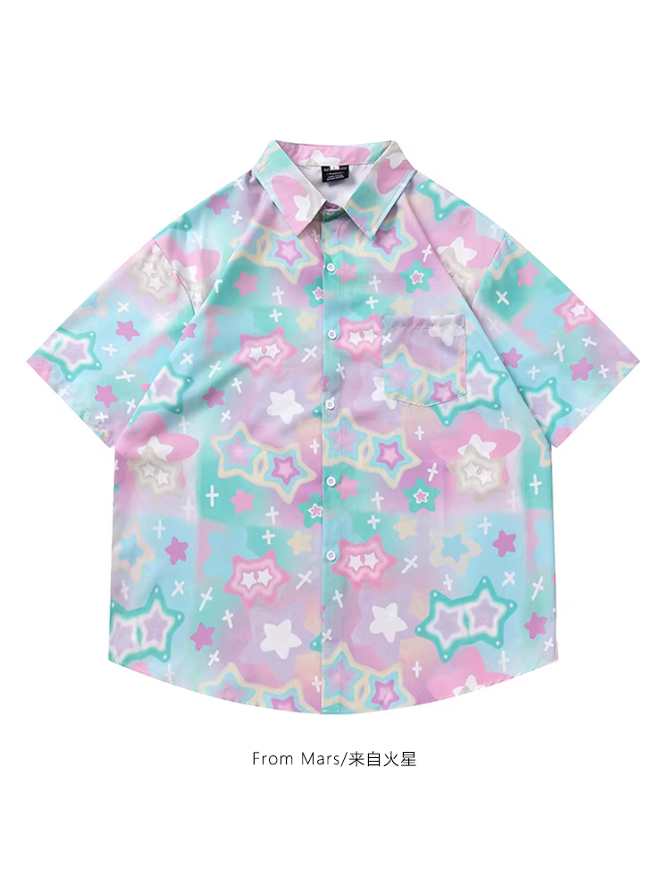 Từ sao Hỏa Bầu trời đầy sao mơ mộng Phong cách Hồng Kông Áo sơ mi ngắn tay in hình ngôi sao đường phố Áo sơ mi dáng rộng có cổ thông thường