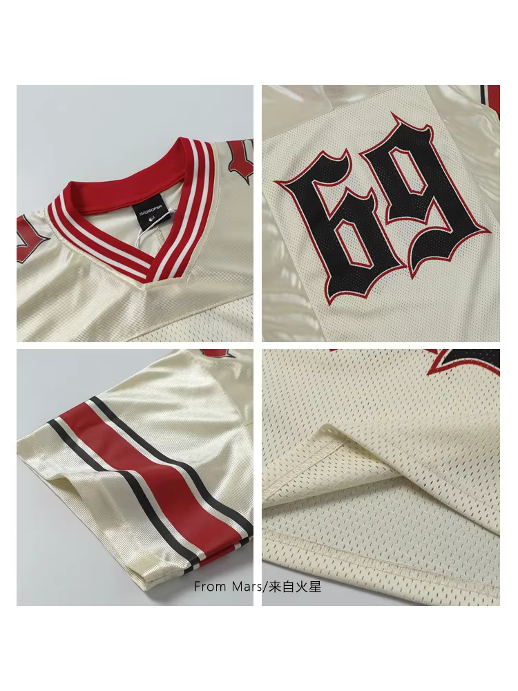 From Mars Commemorative Date Retro Patchwork Thể thao Áo lưới thoáng khí in hình áo thun ngắn tay dáng rộng