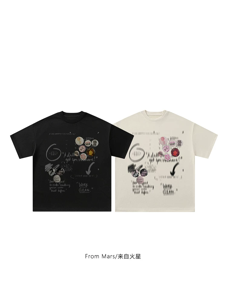 From Mars Life Fun Thương hiệu thời thượng Nhật Bản Vintage Badge Distressed Loose Fit Unisex Áo thun ngắn tay đa năng