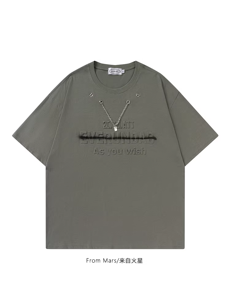 From Mars Green Evergreen American Street Style Oversized Letter Chain Lazy Loose Simple Top
