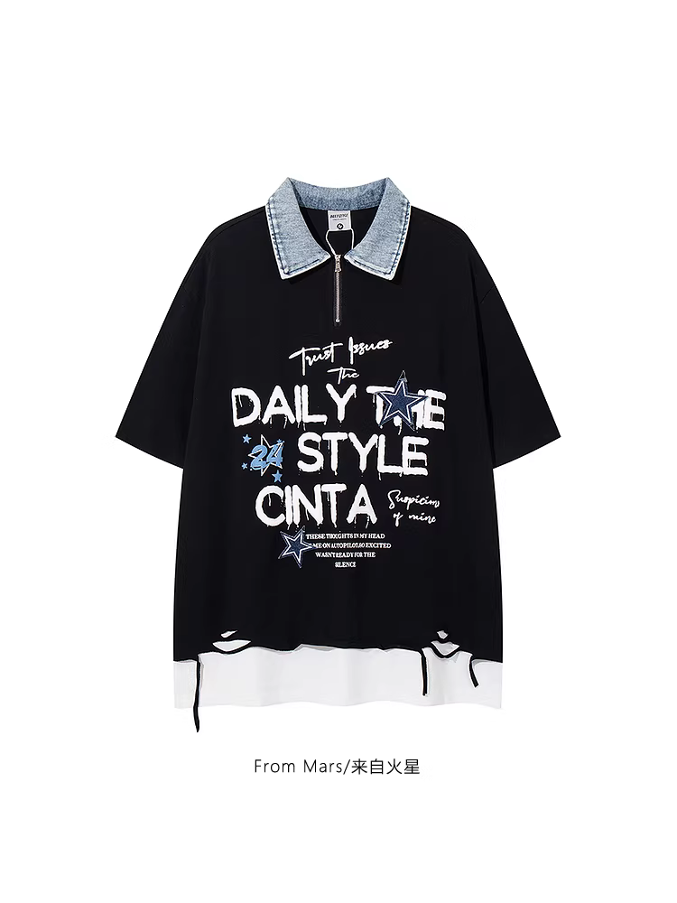 Phong cách từ sao Hỏa là đa năng, phong cách đường phố, áo thun denim cổ polo giả hai mảnh, dáng rộng, tay ngắn, hợp thời trang