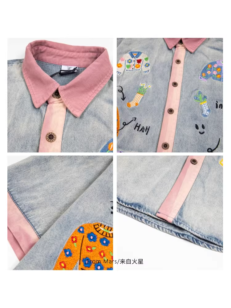 Áo sơ mi ngắn tay dáng rộng phong cách đại học từ sao Hỏa thêu hoa BF