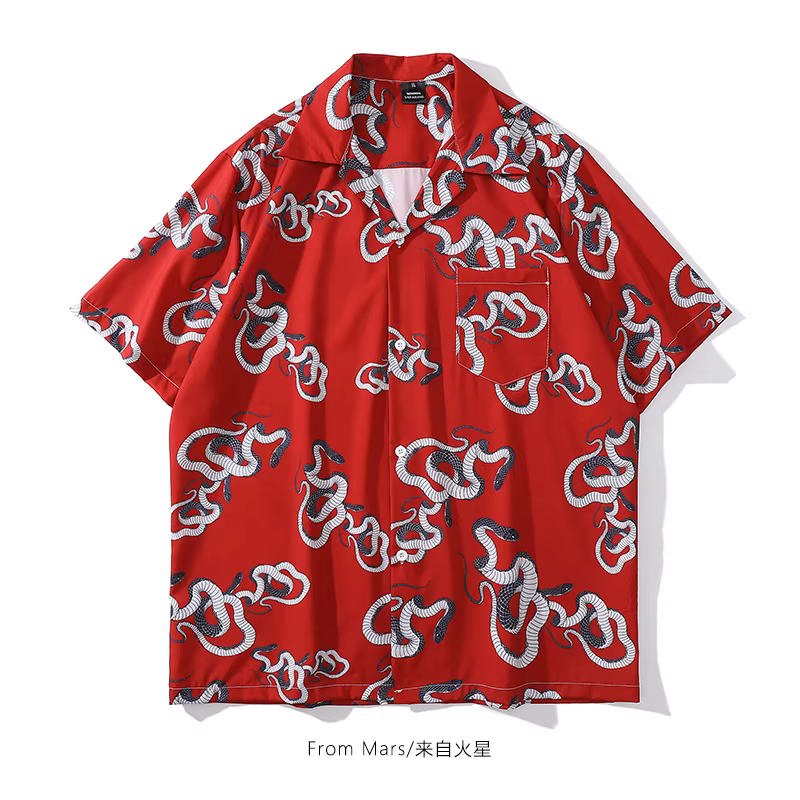 Áo sơ mi ngắn tay in họa tiết rắn cổ điển màu đỏ retro từ sao Hỏa, in họa tiết toàn thân, kiểu dáng thời trang, thương hiệu Hawaii, dáng rộng, kiểu bf