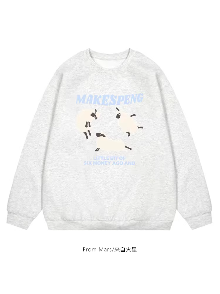 From Mars Áo thun in hình cừu ba chữ cái theo xu hướng quốc gia Áo thun in hình cừu cổ tròn dài tay dáng rộng cho cặp đôi BF