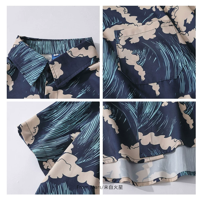 From Mars Summer Waves Hawaiian All-Over Print Áo sơ mi ngắn tay mỏng in họa tiết toàn thân dành cho nam Áo sơ mi dáng rộng đi biển hợp thời trang