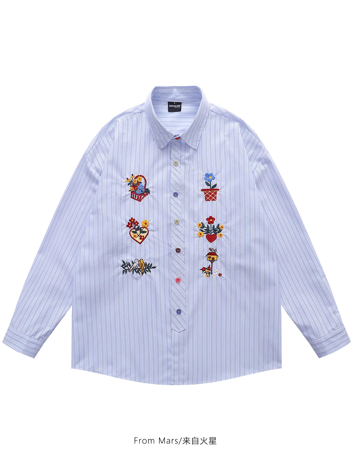 Áo sơ mi kẻ sọc in họa tiết vui nhộn từ sao Hỏa phong cách retro Nhật Bản, áo sơ mi dáng rộng, phong cách giản dị, xu hướng thời trang