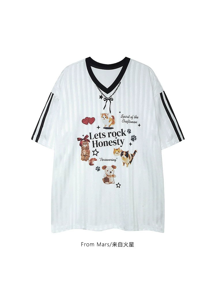 Từ sao Hỏa Hãy mở rộng trái tim của bạn đến mùa hè Mùa hè Unisex Sọc Graffiti Sọc thể thao Áo thun ngắn tay dáng rộng theo xu hướng