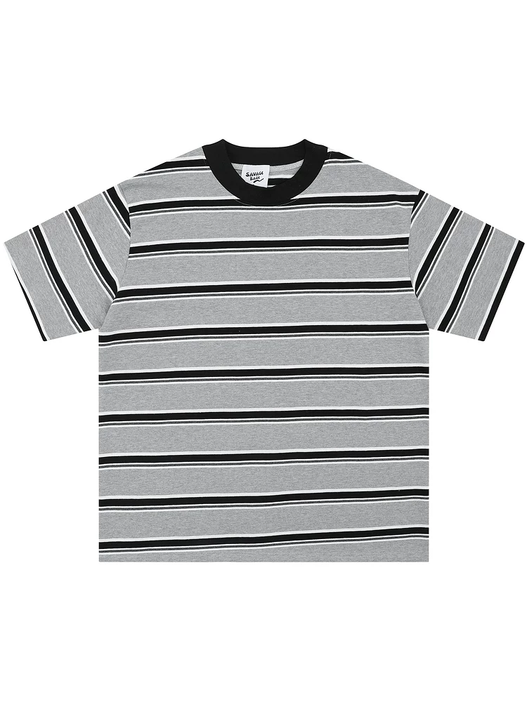 From Mars Active Openness Japanese High Street Vibe Áo thun sọc cổ tròn kiểu dáng lười biếng Harajuku Áo thun ngắn tay dáng rộng mùa hè
