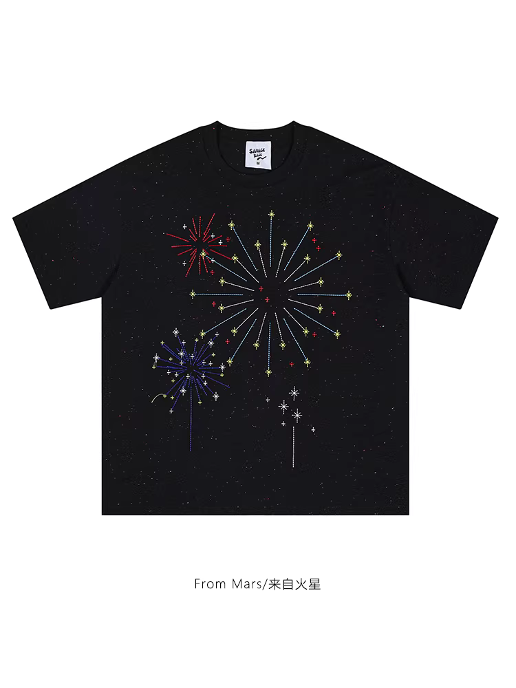 Từ Sao Hỏa Pháo hoa nở hoa Vintage Vui nhộn Sáng tạo Graffiti Thường ngày Áo thun ngắn tay đa năng dáng rộng Lười biếng