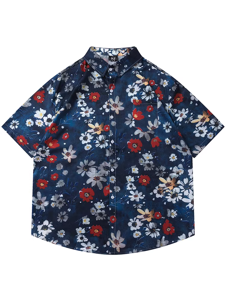 Từ sao Hỏa, nở hoa đẹp mắt, áo sơ mi in họa tiết hoa cổ điển Nhật Bản, áo sơ mi ngắn tay dáng rộng cho nam và nữ