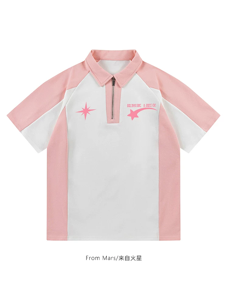 Từ sao Hỏa Hạ cánh trên sao băng Thương hiệu thời thượng Phong cách retro Chữ Graffiti Khối màu Cổ áo POLO Tay ngắn dáng rộng Phong cách đường phố Unisex