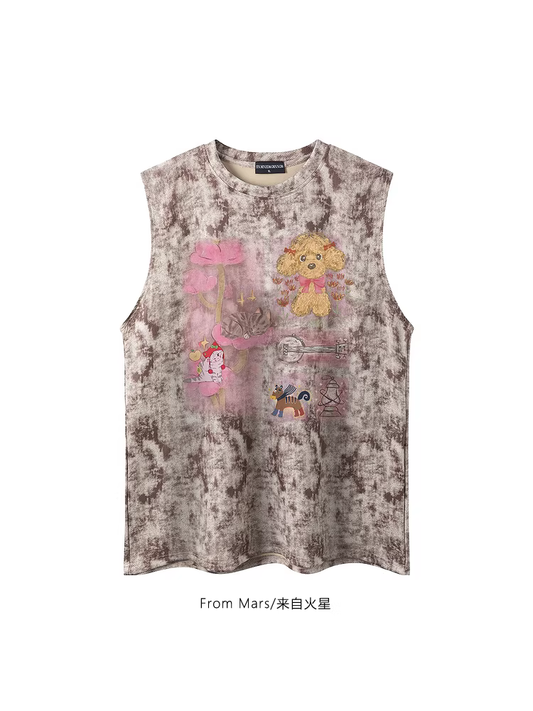 Từ sao Hỏa Dễ thương xung quanh Phong cách thời trang Mới mẻ Tie-Dye Vintage Thể thao Áo vest không tay dáng rộng Phong cách mùa hè
