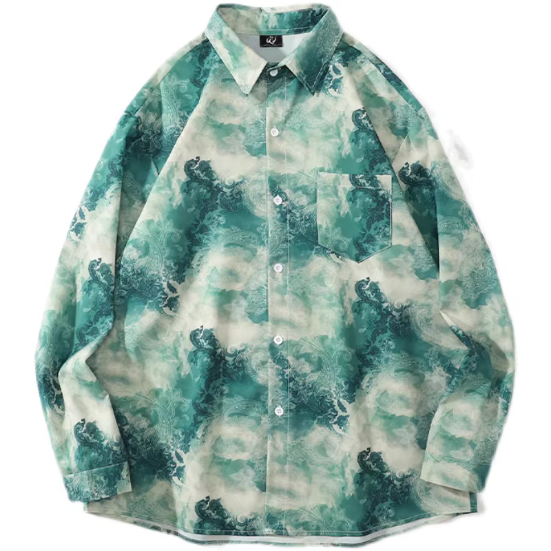 FromMars Áo sơ mi dài tay cổ điển nhuộm màu xanh da trời