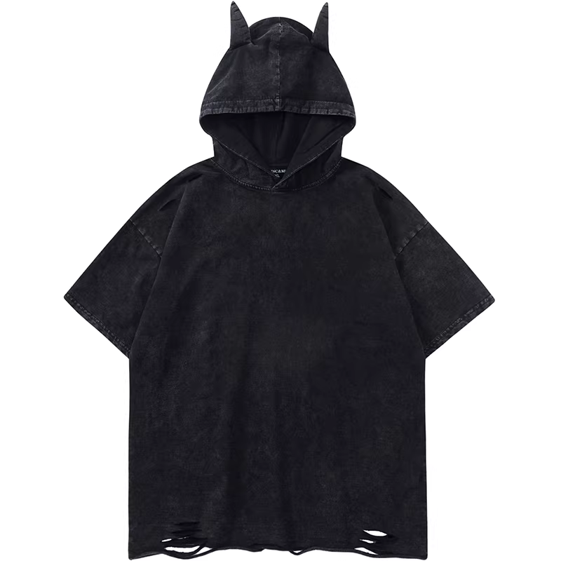 Từ sao Hỏa, hãy nhìn những chiếc sừng nhỏ của tôi, những chiếc sừng nhỏ của quỷ dữ, áo thun ngắn tay có mũ trùm đầu, rách, giặt, dáng rộng, kiểu dáng cặp đôi, kiểu dáng bạn trai.