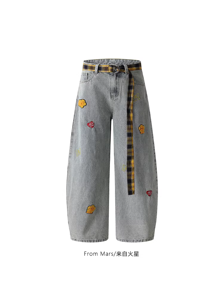 Từ Mars Endless Trend Phong cách đường phố quốc gia Vải kẻ sọc Quần denim dáng rộng sang trọng