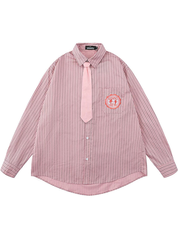 Từ sao Hỏa đang dẫn đầu, phong cách preppy, áo sơ mi dài tay có dây buộc hình gấu, kiểu dáng rộng rãi, mặc cho cặp đôi