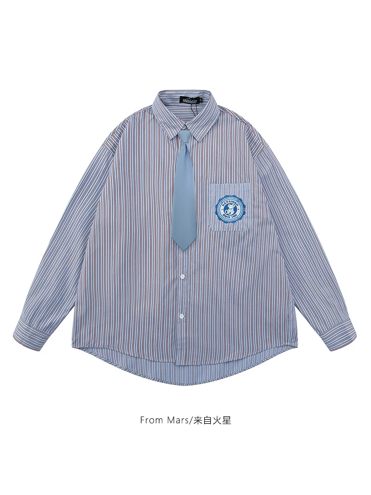 Từ sao Hỏa đang dẫn đầu, phong cách preppy, áo sơ mi dài tay có dây buộc hình gấu, kiểu dáng rộng rãi, mặc cho cặp đôi