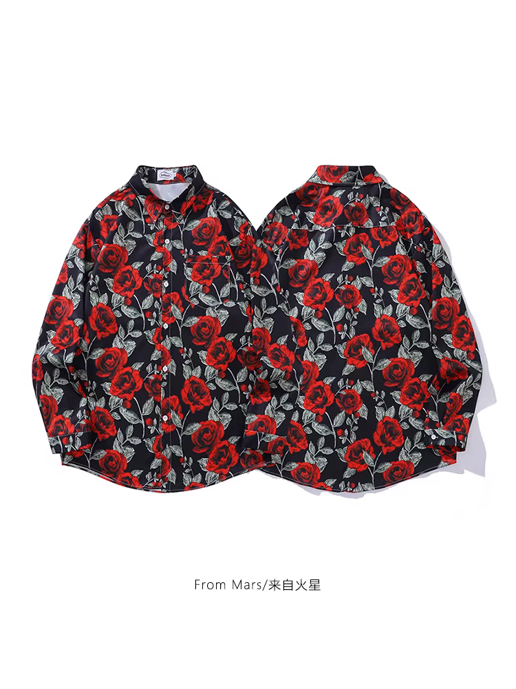 Từ sao Hỏa, hoa nở khắp nơi, xu hướng quốc gia áo sơ mi in hoa toàn thân có tay dài, dáng rộng, phong cách cặp đôi unisex.