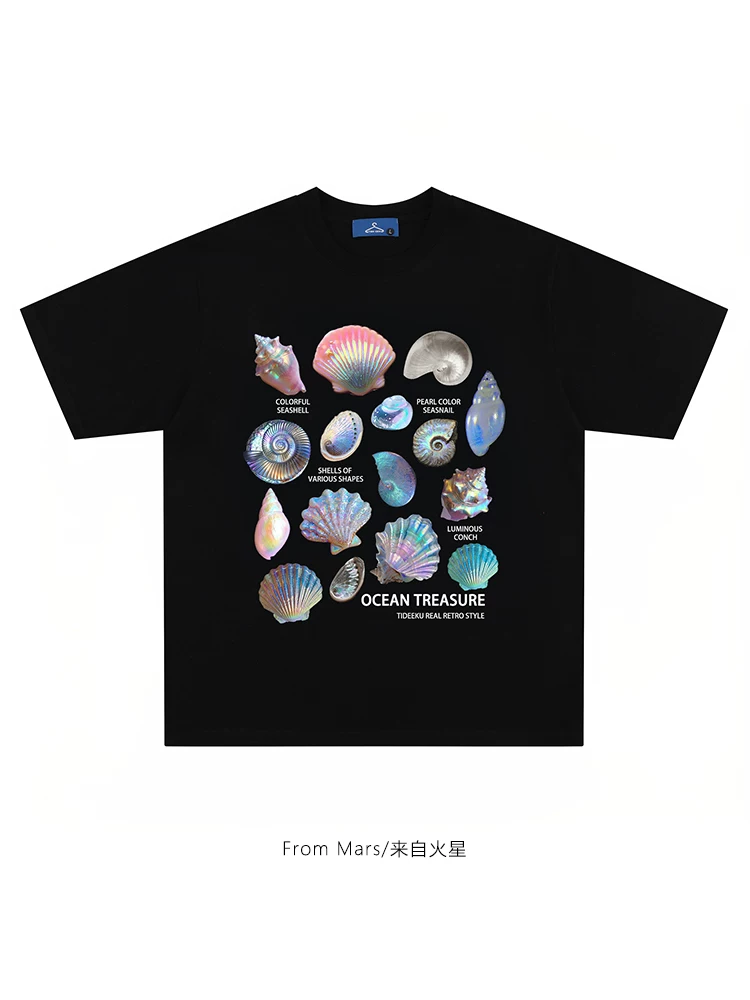 Từ Mars Thiết kế theo phong cách Harajuku niche beach shell dáng rộng vừa vặn đa năng áo thun ngắn tay unisex mùa hè bf