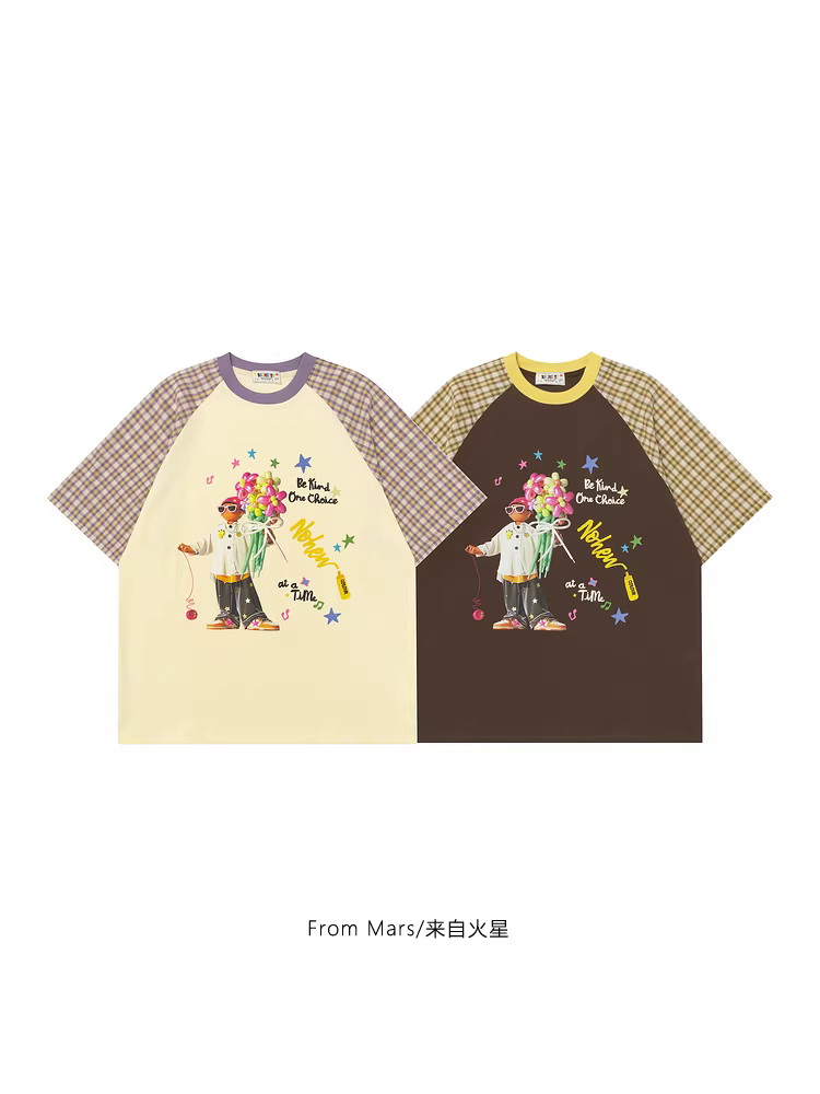 From Mars Balloon Bouquet Phong cách cổ điển châu Âu và Mỹ chắp vá kẻ sọc màu sắc tương phản raglan áo thun ngắn tay dáng rộng cặp đôi bf
