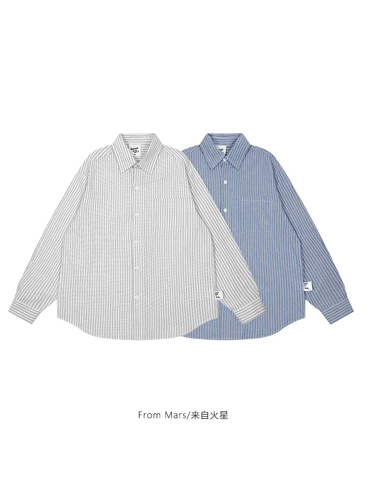 Từ sao Hỏa, phong cách tự nhiên, thương hiệu thời trang retro Nhật Bản, thiết kế sọc, phong cách lười biếng, áo sơ mi dài tay rộng rãi
