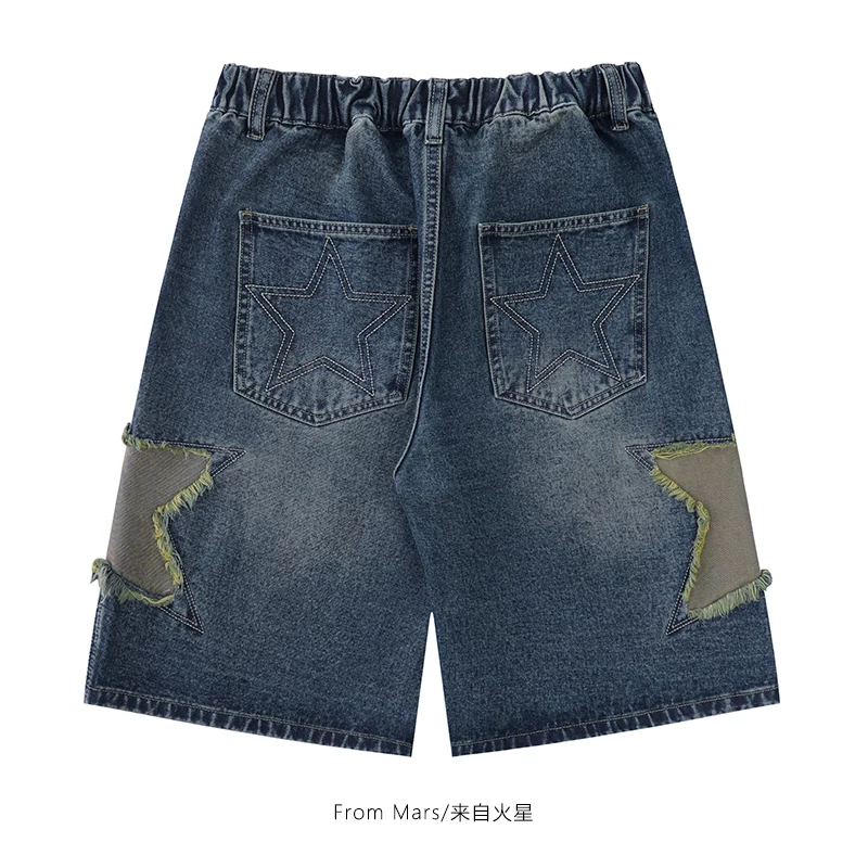 Quần short denim ống thẳng thêu hình ngôi sao theo phong cách đường phố của thương hiệu Mars thời thượng, kiểu dáng rộng rãi, đa năng, dài đến đầu gối