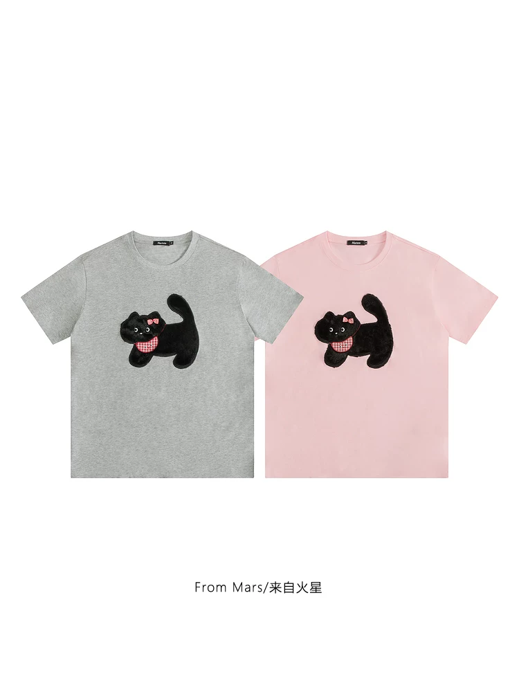 Từ sao Hỏa, Little Black đã đến rồi! Thương hiệu thời trang áo thun cổ tròn in hình chú chó hoạt hình ngộ nghĩnh, tay ngắn, đa năng cho mùa hè.