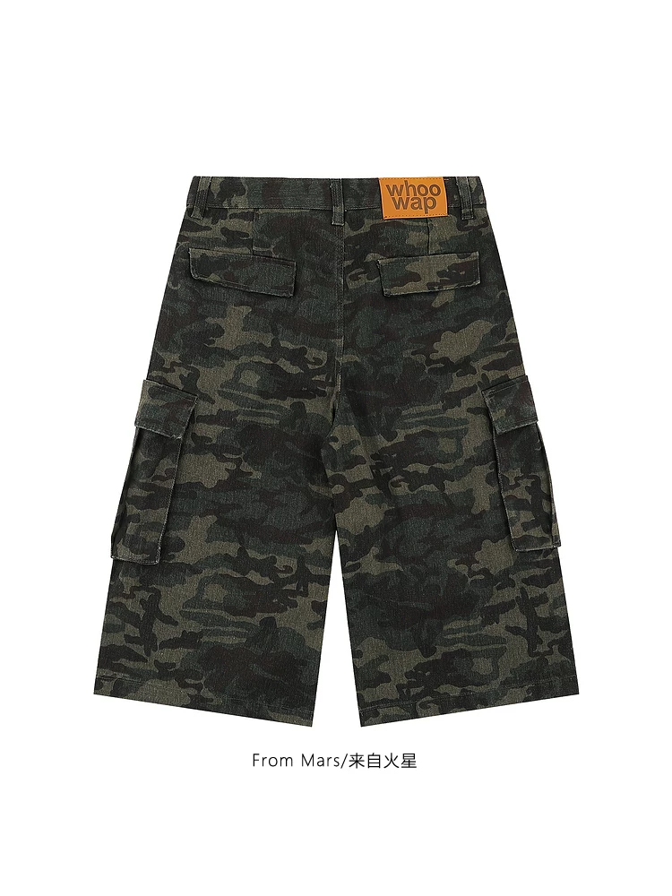 Từ sao Hỏa Một chút hồi hộp Quần short denim xếp ly ngụy trang cổ điển châu Âu và Mỹ Quần short denim xếp ly unisex mùa hè Quần crop dáng rộng