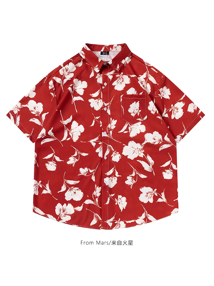 Từ sao Hỏa nền đỏ với hoa trắng Áo sơ mi ngắn tay in hoa cổ điển phong cách Hồng Kông áo dáng rộng mùa hè dành cho nam và nữ